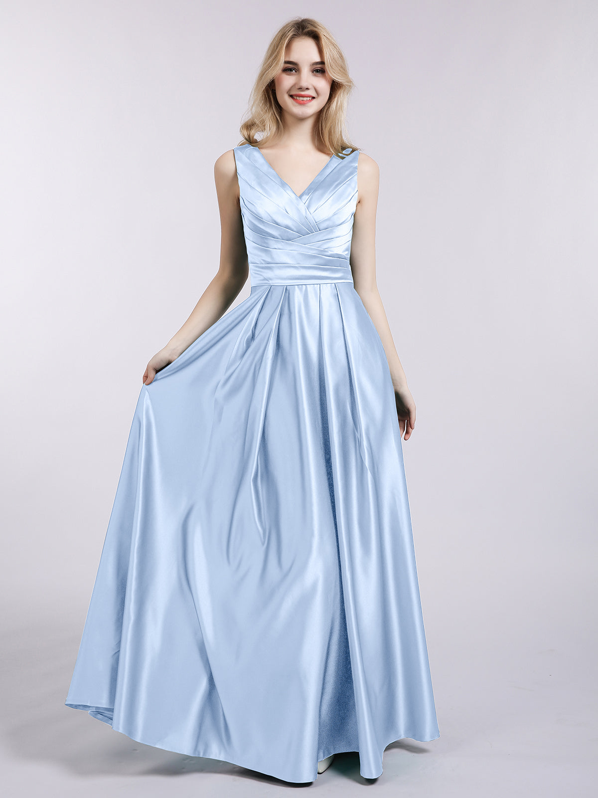 Crinkle Satin Open Back Maxi Dress in Sky Blue