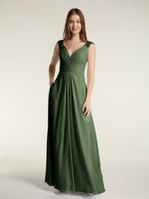 Lace Strap V Neckline Chiffon Bridesmaid Dress Olive Green