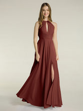 Simple Chiffon Halter Dress for Bridesmaid with Slit Terracotta