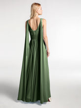 V Neck Chiffon Dress with Streamer at Back Strap Olive Green