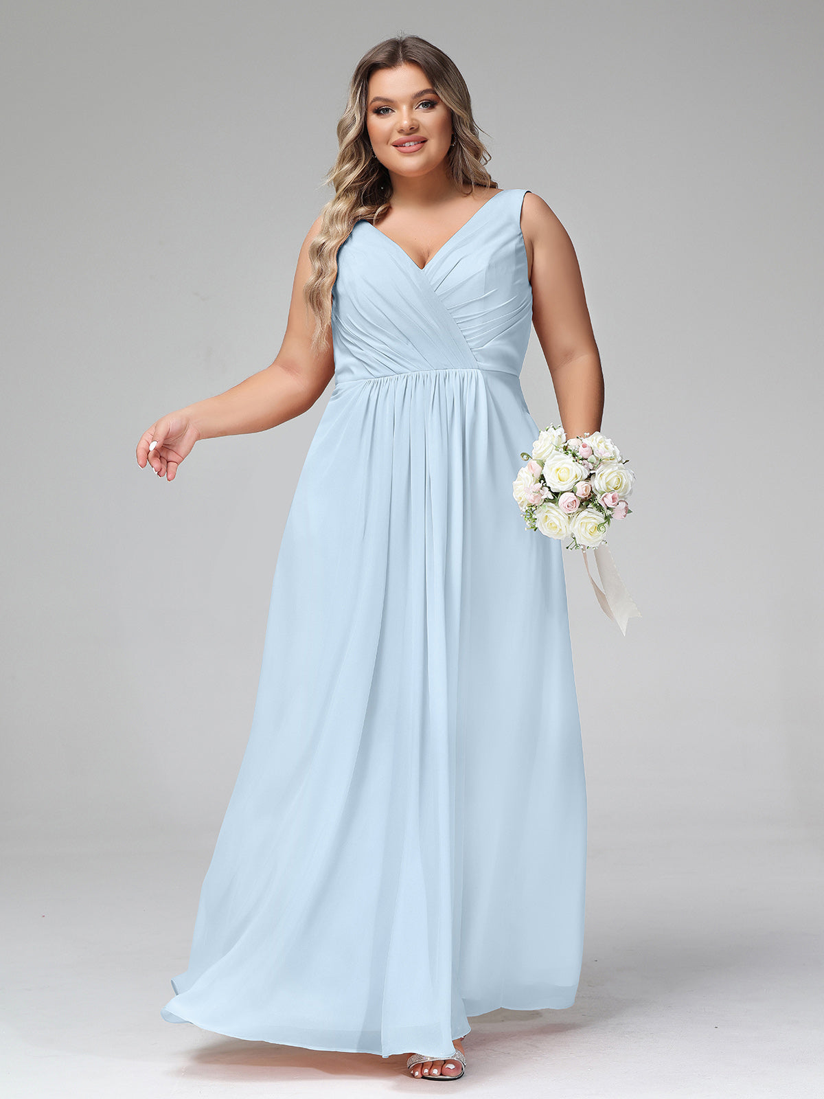 Open Back Chiffon Dresses with Deep V-neck Sky Blue Plus Size
