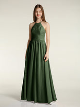 Chiffon Long Bridesmaid Gown with Halter Neck Olive Green