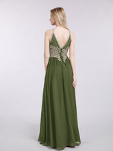 Gold Lace Appliqued Long Chiffon Dresses Olive Green