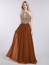 Gold Lace Appliqued Long Chiffon Dresses Terracotta