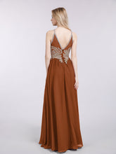 Gold Lace Appliqued Long Chiffon Dresses Terracotta