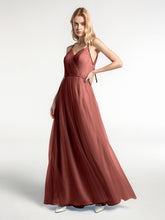 Twist Straps V Neckline Tulle Maxi Dress Terracotta