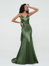 Mermaid Satin Dresses with Brush Train Olive Green