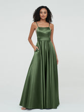 Spaghetti Straps A-line Satin Max Dresses Olive Green