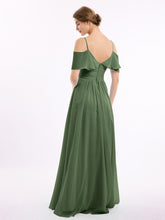 Full-length Spaghetti Strap Off Shoulder Chiffon Gown Olive Green