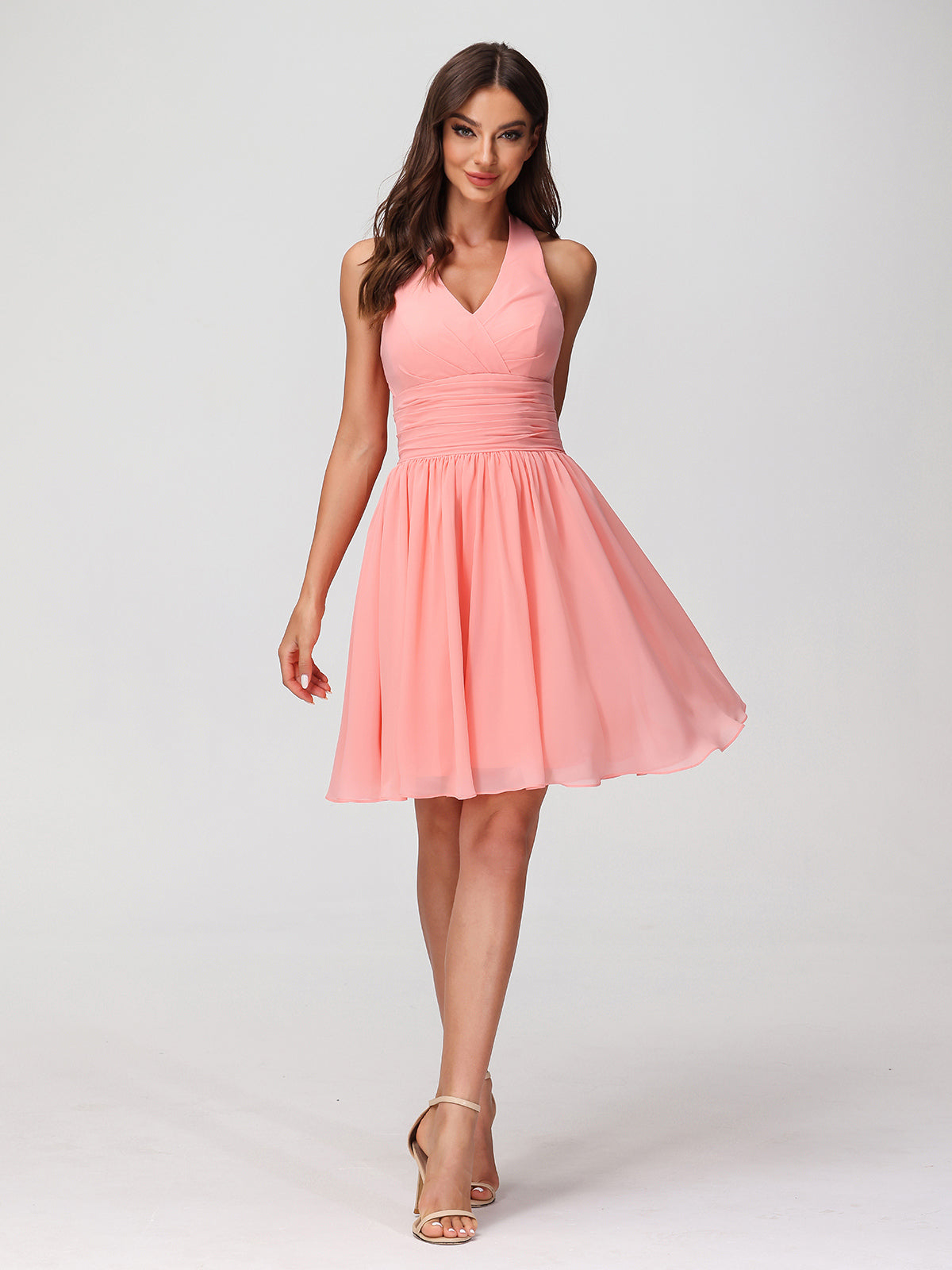 Knee-length Short Chiffon Dress with Halter Neck Sunset