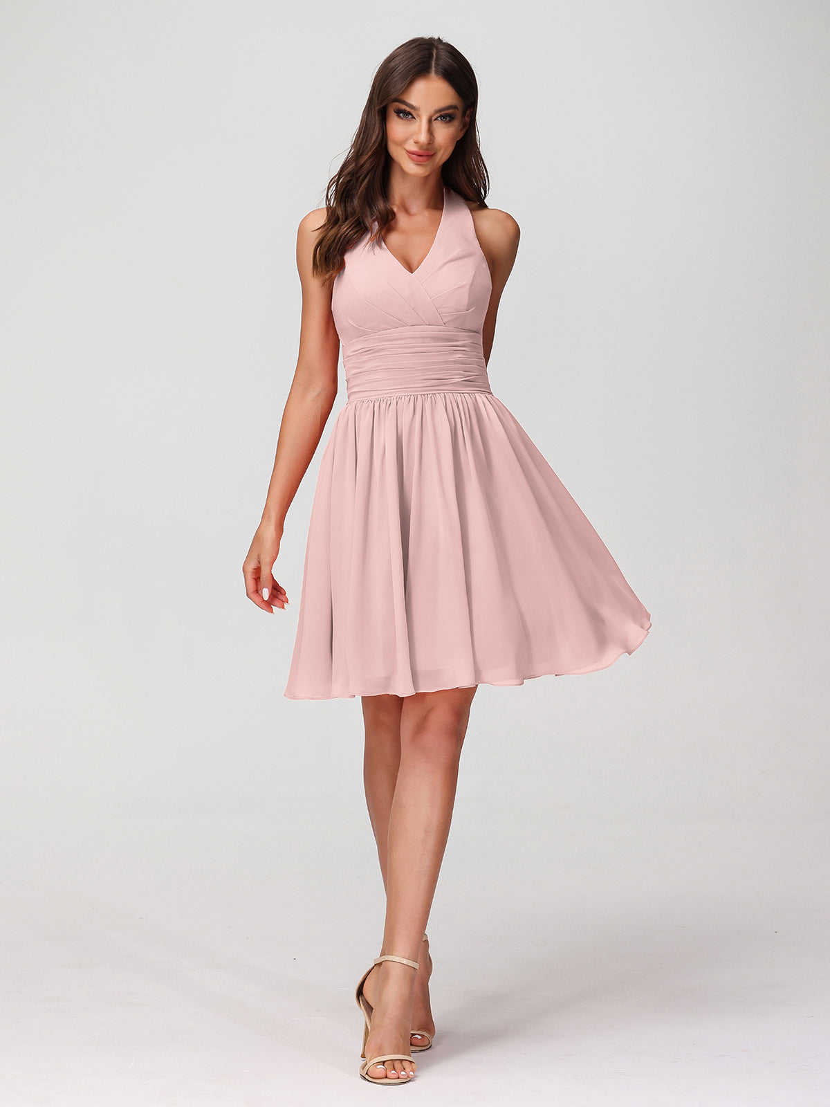 short pink bridesmaid dresses uk BABARONI Chiffon Dusty Rose Bridesmaid Dresses A-line Halter Sleeveless  Short/Mini – BABARONI UK