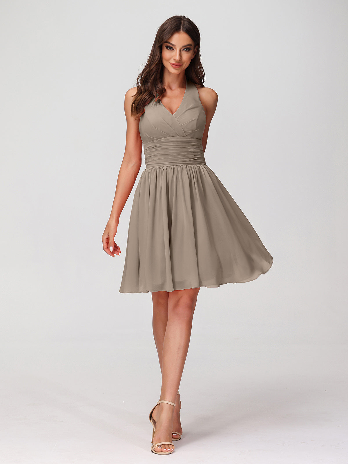 BABARONI Chiffon Taupe Bridesmaid Dresses A-line Halter Sleeveless Short/Mini  – BABARONI UK