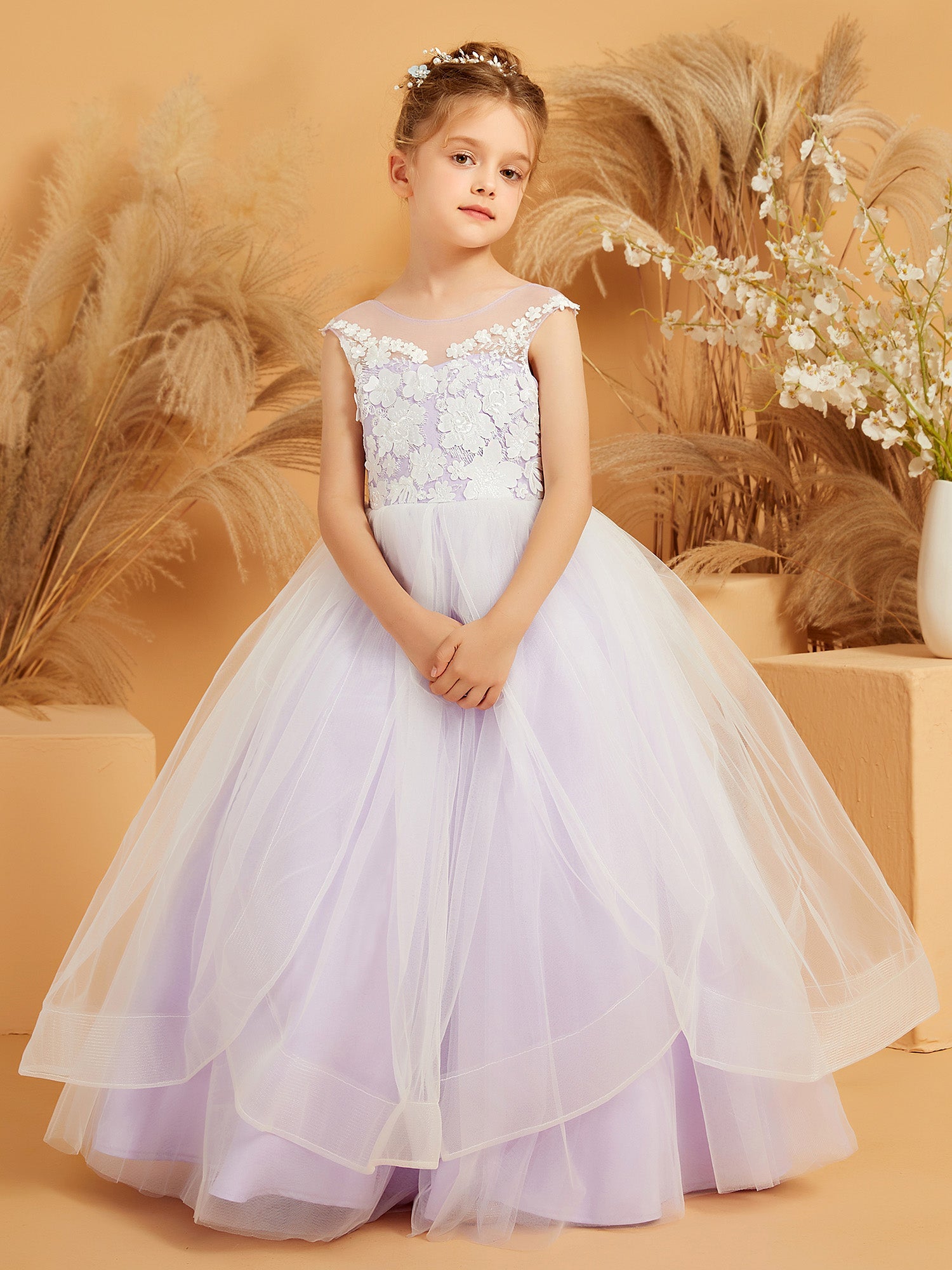 Lace Applique Sleeveless Tulle Flower Girl Ball Gown Grape