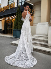 V-Neck Lace Appliqued Sweep Train Wedding Dress Ivory