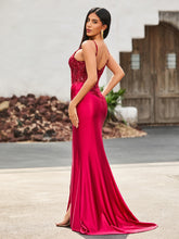 Sheath V-neck Sweep Train Satin Prom Dresses Burgundy