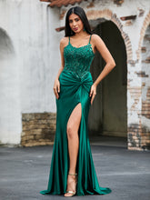 Sheath V-neck Sweep Train Satin Prom Dresses Dark Green