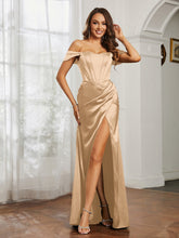Off Shoulder Sweep Train Dress With Slit Champagne