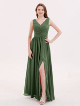 Lace and Chiffon v-NECK Dress with Slit Olive Green