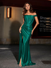 Off-the-shoulder Sweep Train Polyester Prom Dresses Dark Green