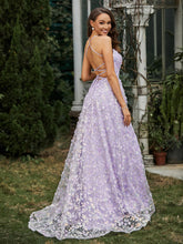 A-line Sweep Train Floral Dress With Slit Lilac