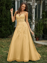 Sweetheart Appliqued Beaded Sweep Train Dress Gold