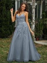 Sweetheart Appliqued Beaded Sweep Train Dress Slate Blue