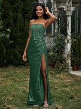 Sequins Rhinestones Sheath Dress With Slit Dark Green