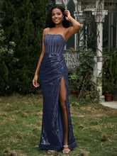 Sequins Rhinestones Sheath Dress With Slit Dark Navy