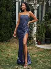 Sequins Rhinestones Sheath Dress With Slit Dark Navy