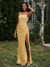 Sequins Rhinestones Sheath Dress With Slit Gold