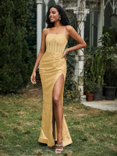 Sequins Rhinestones Sheath Dress With Slit Gold