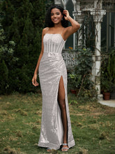 Sequins Rhinestones Sheath Dress With Slit Silver