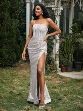 Sequins Rhinestones Sheath Dress With Slit Silver