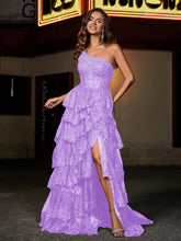 A-line One Shoulder Sweep Train Tulle Prom Dresses Lilac