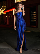 Off-the-shoulder Mermaid Sweep Train Satin Prom Dresses Navy Blue