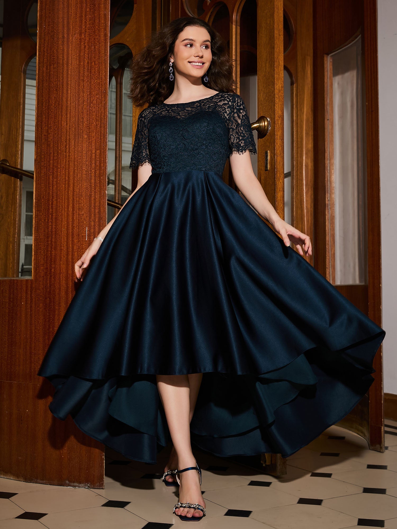 Dark Navy A-Line Corset Stretch Satin Dress