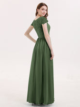 Cap Sleeves Long Dresses with Lace Bodice Olive Green