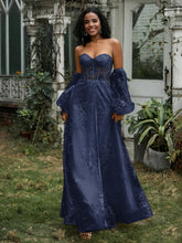 Beaded Flowers High Slit Prom Dress Dark Navy