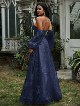 Beaded Flowers High Slit Prom Dress Dark Navy