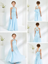 Halter Neckline Chiffon Junior Bridesmaid Dresses Sky Blue