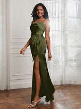 Square Neckline Floor-length Dress With Belt Olive Green