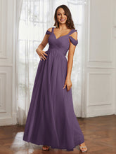 Off-the-shoulder Ruched Tulle A-line Dress Plum