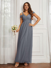 Off-the-shoulder Ruched Tulle A-line Dress Steel Grey