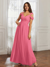 Off-the-shoulder Ruched Tulle A-line Dress Watermelon