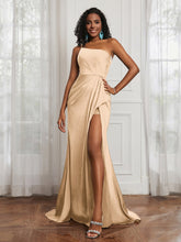 One Shoulder Ruched Mermaid Gown With Slit Champagne