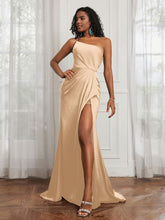 One Shoulder Ruched Mermaid Gown With Slit Champagne