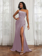 One Shoulder Ruched Mermaid Gown With Slit Dusk