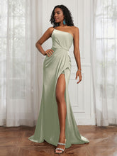 One Shoulder Ruched Mermaid Gown With Slit Dusty Sage