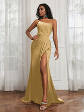 One Shoulder Ruched Mermaid Gown With Slit Gold