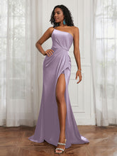 One Shoulder Ruched Mermaid Gown With Slit Lilac